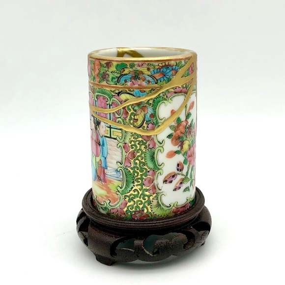 Kintsugi Brush Pot Chinese Famille Rose Cup Gold Crack Art Personal Growth Gift - Picture 13 of 17